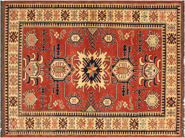 handmade Geometric Super Kazak Rust Beige Hand Knotted RECTANGLE 100% WOOL area rug 4x6